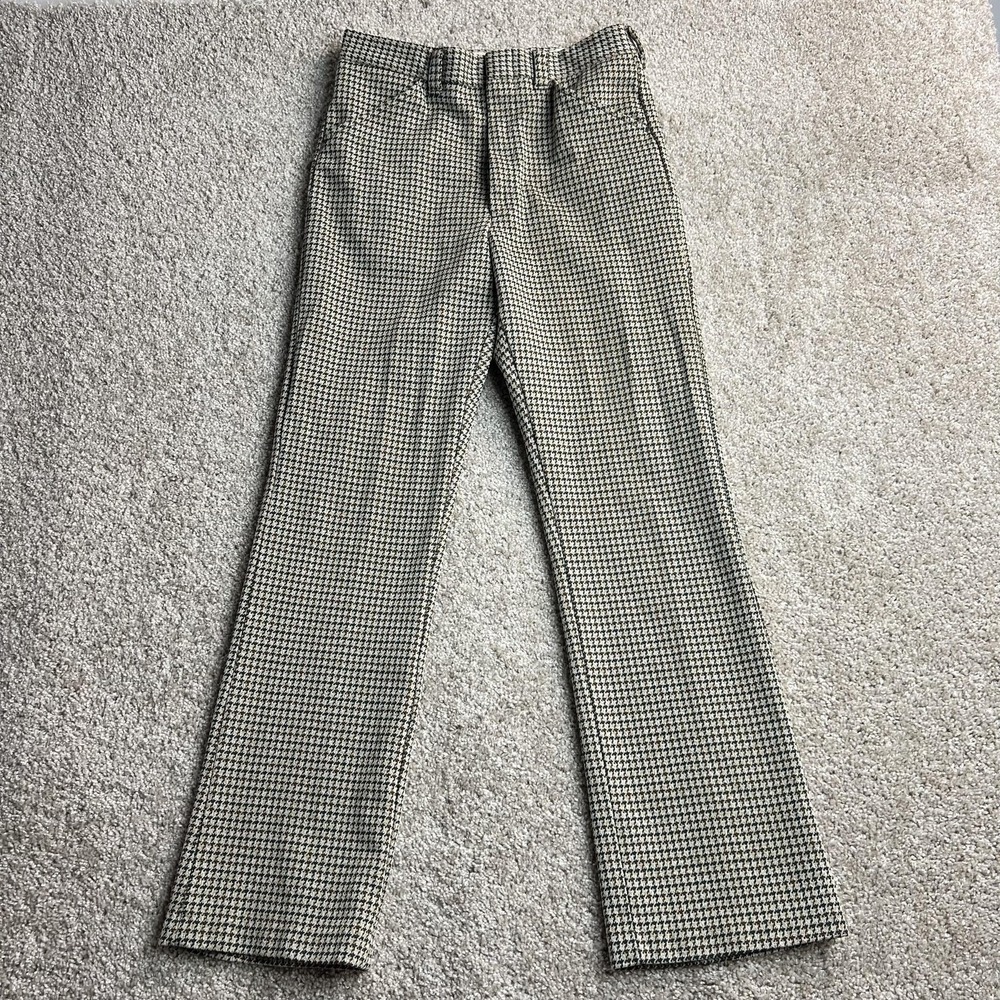 Vintage Dress Pants Womens 28 Beige Check Straight Leg Flat Front Twill Business - Picture 2 of 13